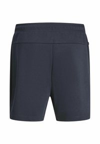 Tamno plave sportske kratke hlače s glatkom teksturom, elastičnim pojasom i jednostavnim dizajnom s bočnim šavovima i bez vidljivih dodataka.