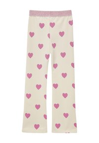 Leggings aderenti color crema con motivi a cuore rosa, dotati di una cintura glitterata rosa. Realizzati in materiale morbido e elastico.