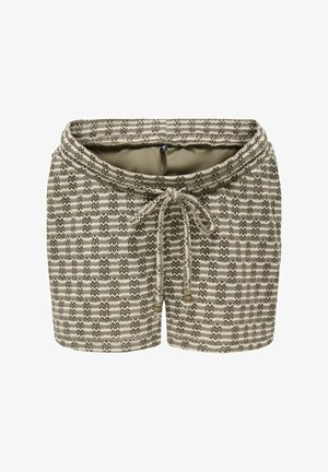 Kootud lühikesed püksid beeži ja halli zigzag-mustriga, elastse vöökohaga ja reguleeritava nööriga, millel on helmestega detailid, valgel taustal.