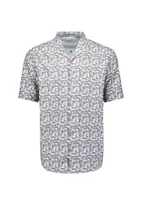 Korte mouwen overhemd met knopen en een geometrisch patroon in tinten blauw, grijs en beige. Lichtgewicht stof met een camp collar.