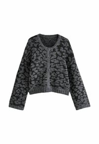 Kratak kardigan u tamnosivoj pletenini s teksturiranim crnim uzorkom. Ima okrugli izrez i prednje zakopčavanje na dugmad. Sjajni akcenti su prisutni kroz cijeli kardigan.