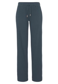 Lekkie, ciemno-niebieskie spodnie dresowe o ribbedded teksturze, z elastycznym pasem i regulowanym sznurkiem, z złotymi akcentami.