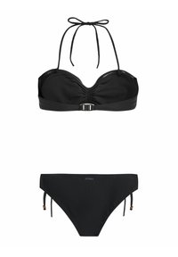 Juodas bikini viršus su kaklo juosta, raukšlėmis ir metaline sagte; atitinkantis juodas bikini apatinis trikotažas su šoninėmis užrišimais ir logotipu.