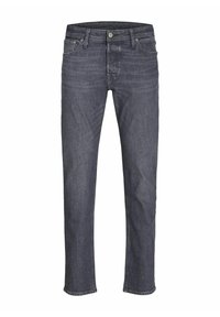 Jean en denim foncé avec une coupe droite, doté d'un style classique à cinq poches, de passants de ceinture et de légers détails de décoloration.