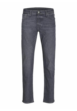 Dunkelblaue Jeans mit geradem Bein, im klassischen Fünf-Taschen-Stil, mit Gürtelschlaufen und dezenten Waschungseffekten.