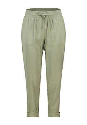 Pantalons fuselés vert clair avec une taille élastique, fermeture à cordon, et deux grandes poches avant. Ourlets retroussés pour un look soigné.