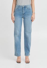 Helle blaue Denim-Jeans mit hoher Taille, geradem Bein-Design und klassischer Fünf-Taschen-Struktur. Abgerundet mit dezenten Wischverzierungen.