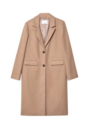 Beige kabát z vlněné směsi s klopovým límcem, dvěma předními kapsami a dvěma knoflíky. Hladká textura a dobře střižený design s rukávy střední délky.