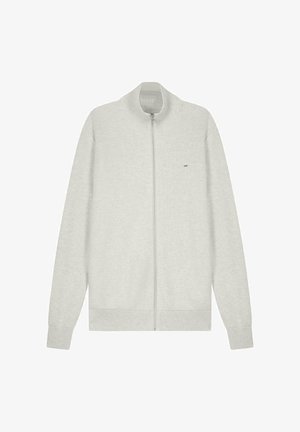 Cardigan gris clair en maille avec fermeture éclair intégrale, col montant, manches longues, poignets côtelés et petit logo brodé sur la poitrine gauche.