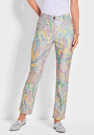 Kleurrijke, gestreepte broeken in pastelkleuren met ingewikkelde paisleydesigns. Gemaakt van stof met een gladde textuur; met een standaard taille en rechte pijpen.