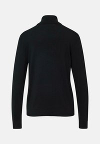 Schwarzer langärmeliger Rollkragenpullover, von hinten gezeigt, mit geripptem Kragen, Bündchen und Saum vor einem schlichten Hintergrund.