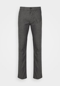 Gray patterned trousers with a straight cut, featuring a button closure and belt loops. The fabric has a textured finish.