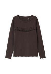 Brązowy długi rękaw top z przyjemną strukturą, z falbaniastym akcentem na klatce piersiowej i falbaniastymi brzegami. Wykonany z miękkiego materiału.