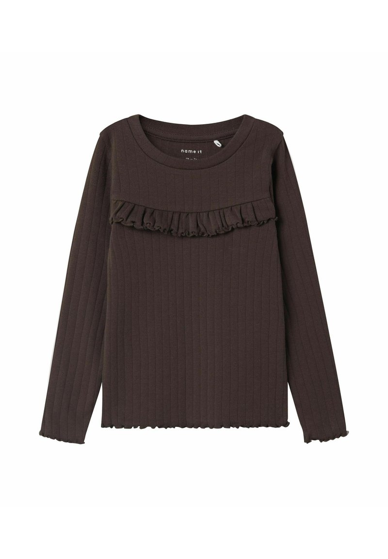 Brązowy długi rękaw top z przyjemną strukturą, z falbaniastym akcentem na klatce piersiowej i falbaniastymi brzegami. Wykonany z miękkiego materiału.