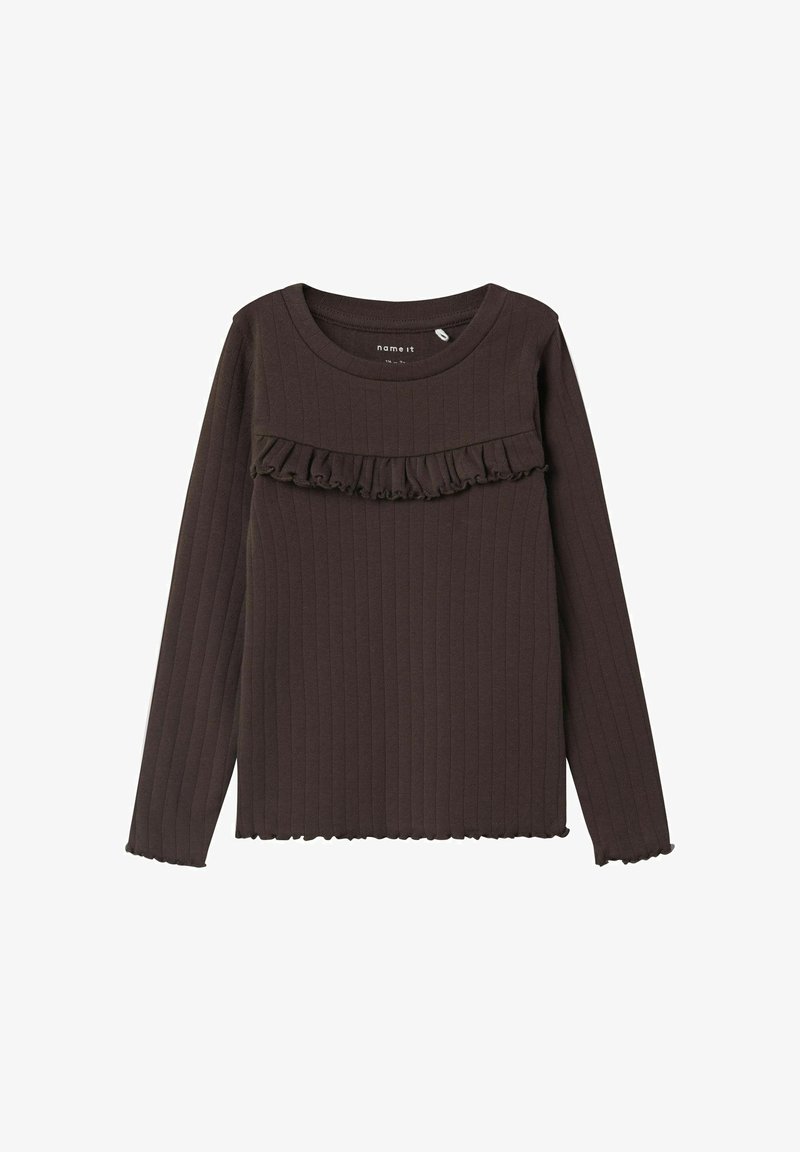 Brązowy długi rękaw top z przyjemną strukturą, z falbaniastym akcentem na klatce piersiowej i falbaniastymi brzegami. Wykonany z miękkiego materiału.