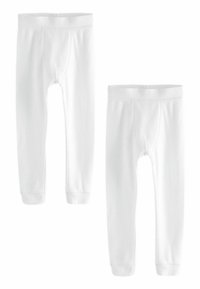 Weiße Baumwollleggings mit gerippter Textur, ausgestattet mit elastischen Taillenbündchen und Knöchelbündchen. Zwei Paare ausgestellt, eines größer.