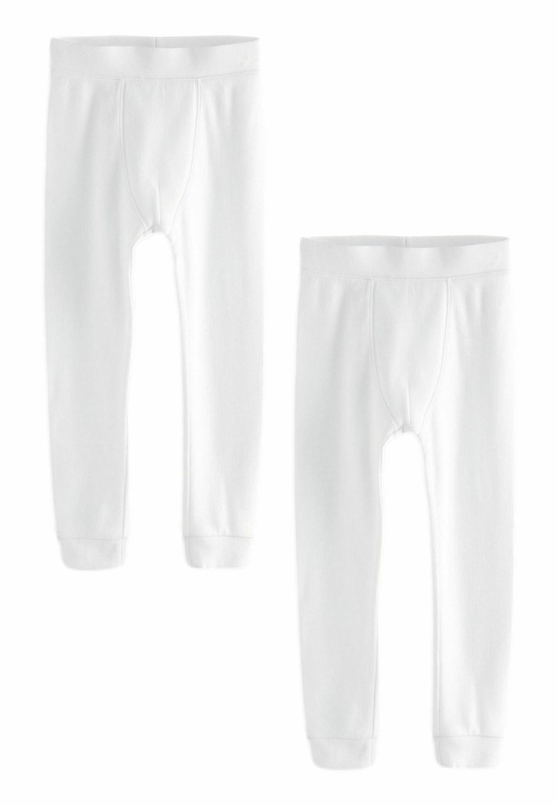 Weiße Baumwollleggings mit gerippter Textur, ausgestattet mit elastischen Taillenbündchen und Knöchelbündchen. Zwei Paare ausgestellt, eines größer.