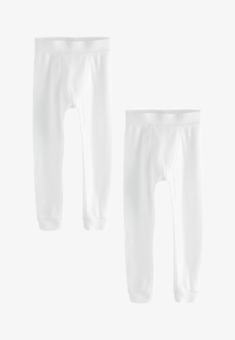 Weiße Baumwollleggings mit gerippter Textur, ausgestattet mit elastischen Taillenbündchen und Knöchelbündchen. Zwei Paare ausgestellt, eines größer.