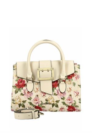 Kremowa torebka z kwiatowym materiałem, złotą klamrą, dwoma uchwytami i dopasowanym odpinanym paskiem na ramię.