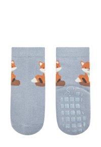 Blue socks with orange fox design, featuring textured grips on the soles. Made from soft material with a ribbed cuff.
