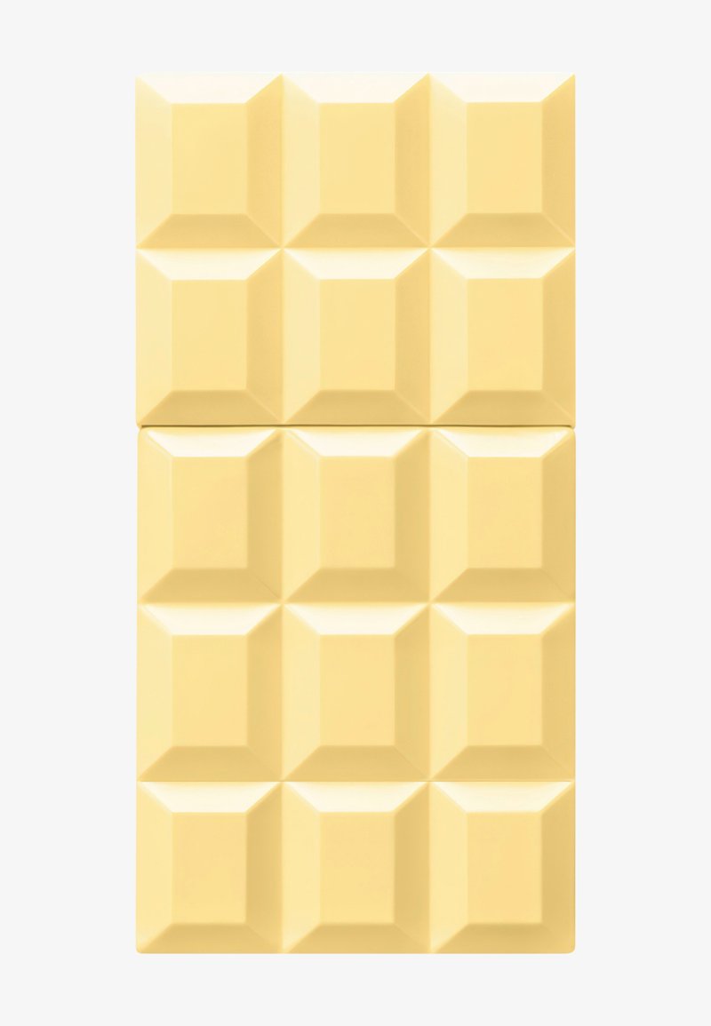Two rows of creamy white chocolate bars consisting of rectangular segments with beveled edges on a plain white background.