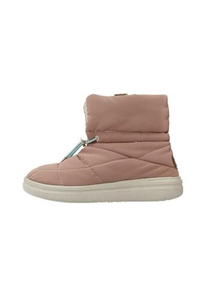 Botte d'hiver mi-hauteur rose poussiéreux avec tige en tissu matelassé, fermeture à cordon de serrage et semelle épaisse en caoutchouc blanc.