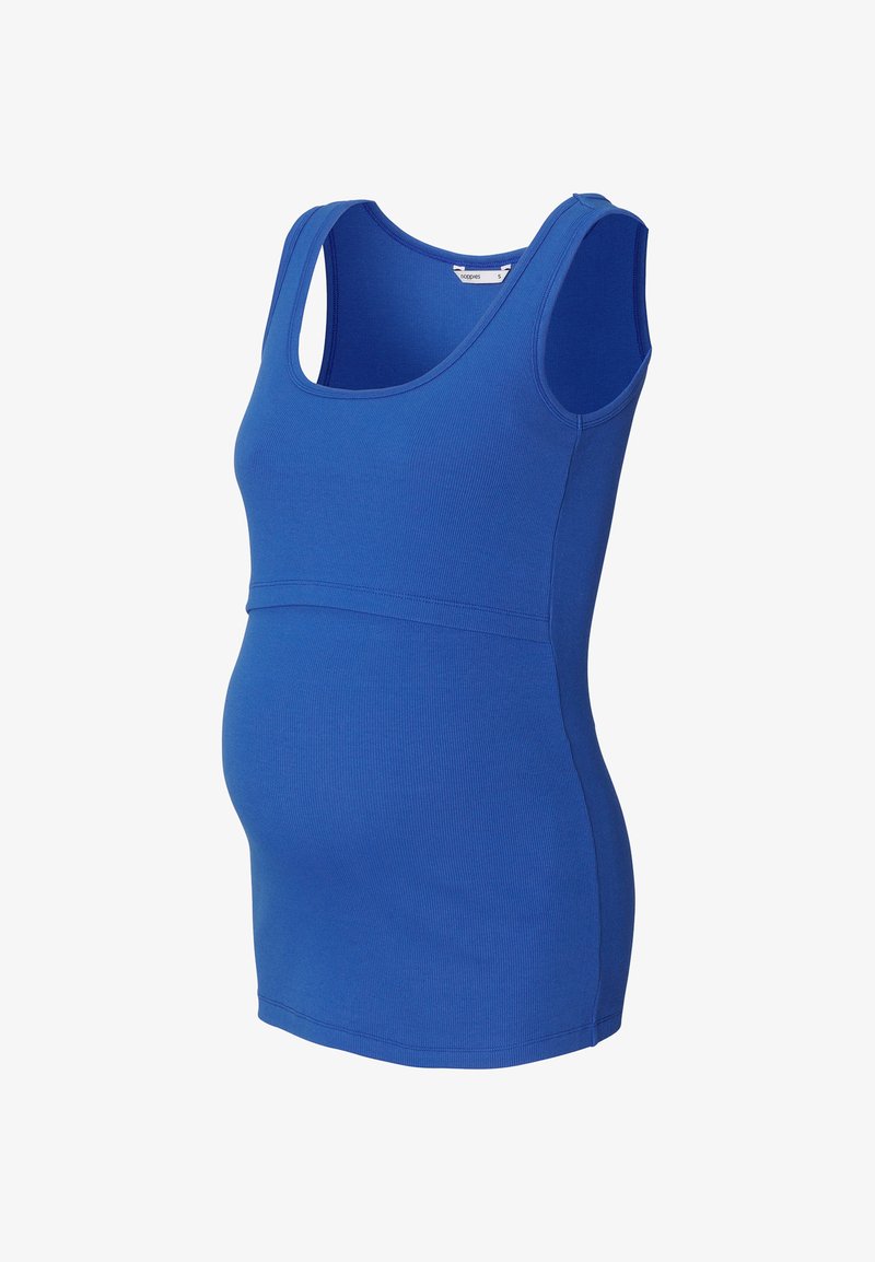 Blauw zwangerschapshemd, geribbelde textuur, mouwloos ontwerp, gebogen zoom, accentpaneel onder de buste, getailleerde vorm voor comfort.