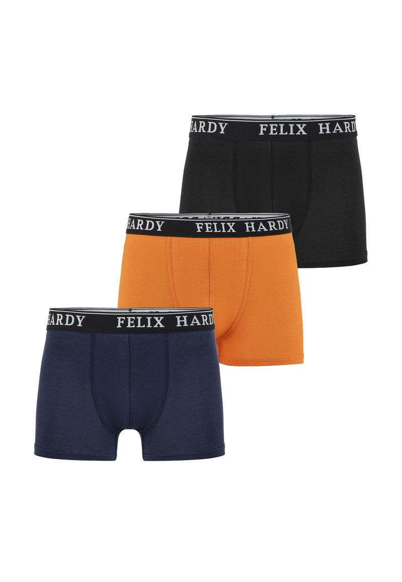 Boxer-briefs pour homme en noir, orange et bleu marine. Chacun d'eux a une taille noire avec le texte "FELIX HARDY". Texture de tissu lisse, coupe standard.