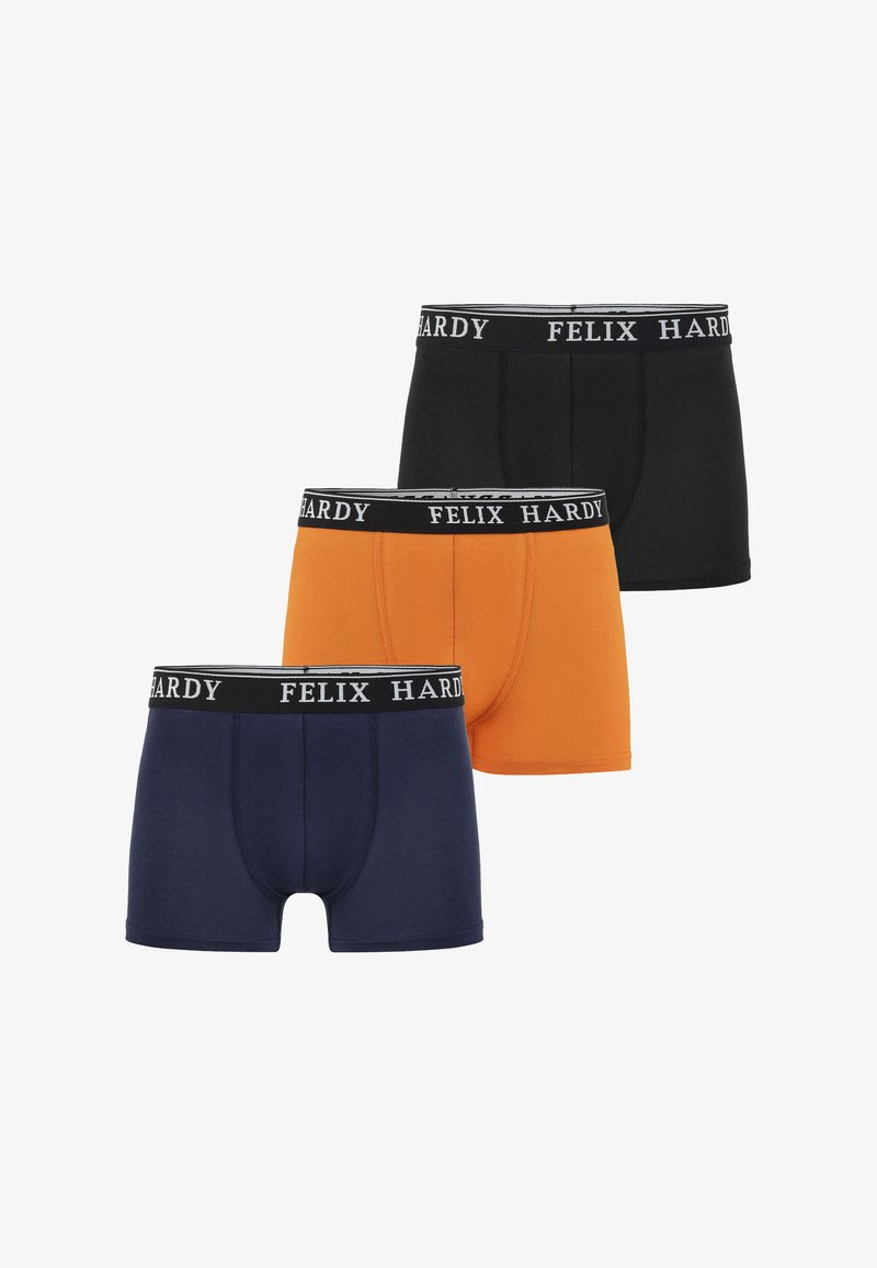 Boxer-briefs pour homme en noir, orange et bleu marine. Chacun d'eux a une taille noire avec le texte "FELIX HARDY". Texture de tissu lisse, coupe standard.