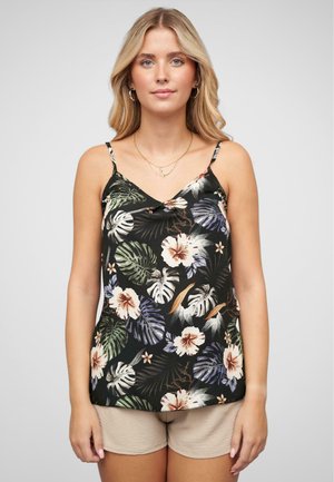 Black floral camisole featuring tropical leaves and hibiscus flowers in white, orange, and green. Thin adjustable straps, soft fabric.