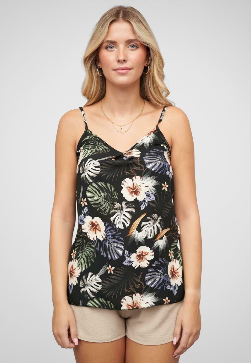 Schwarzes Blumencami mit tropischen Blättern und Hibiskusblüten in Weiß, Orange und Grün. Dünne verstellbare Träger, weicher Stoff.