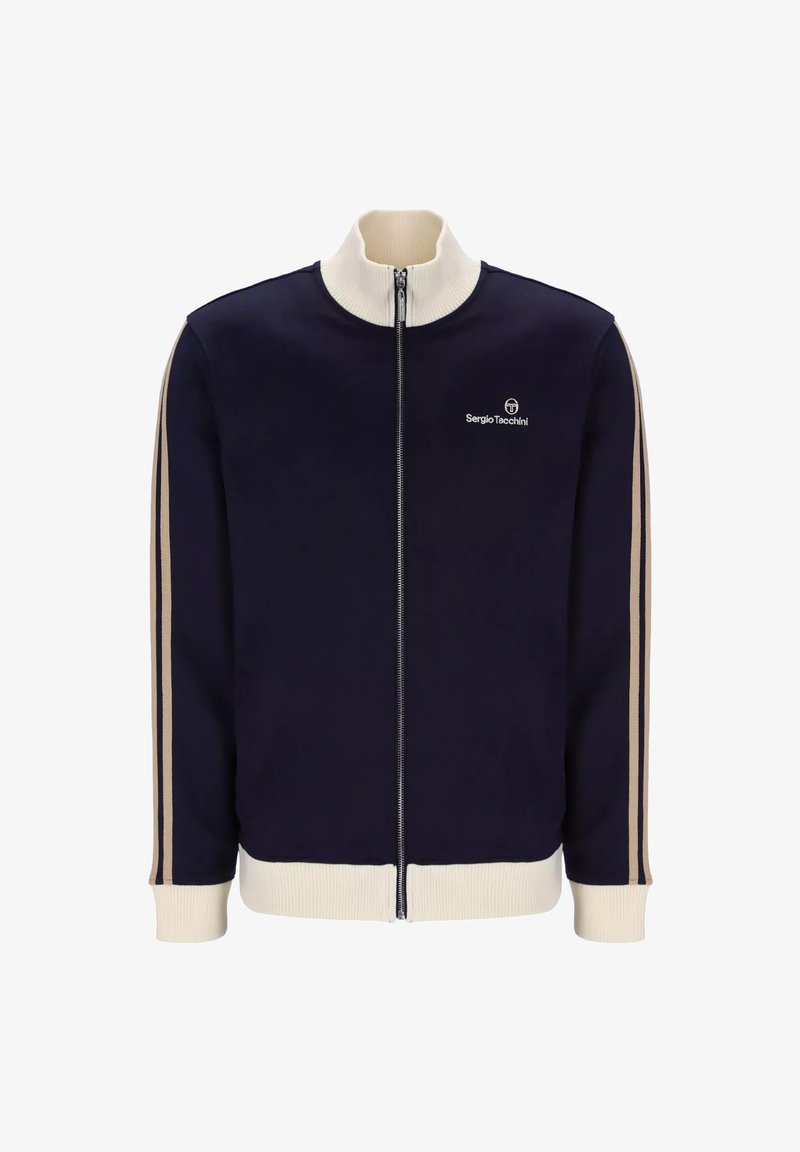 Giacca zip-up blu navy con colletto e polsini a coste color crema, con strisce laterali beige e un piccolo logo sul petto. Tessuto dalla superficie liscia.