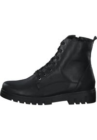 Bottines en cuir noir avec un bout arrondi, un devant à lacets et une semelle texturée comportant de profondes rainures pour une meilleure adhérence.