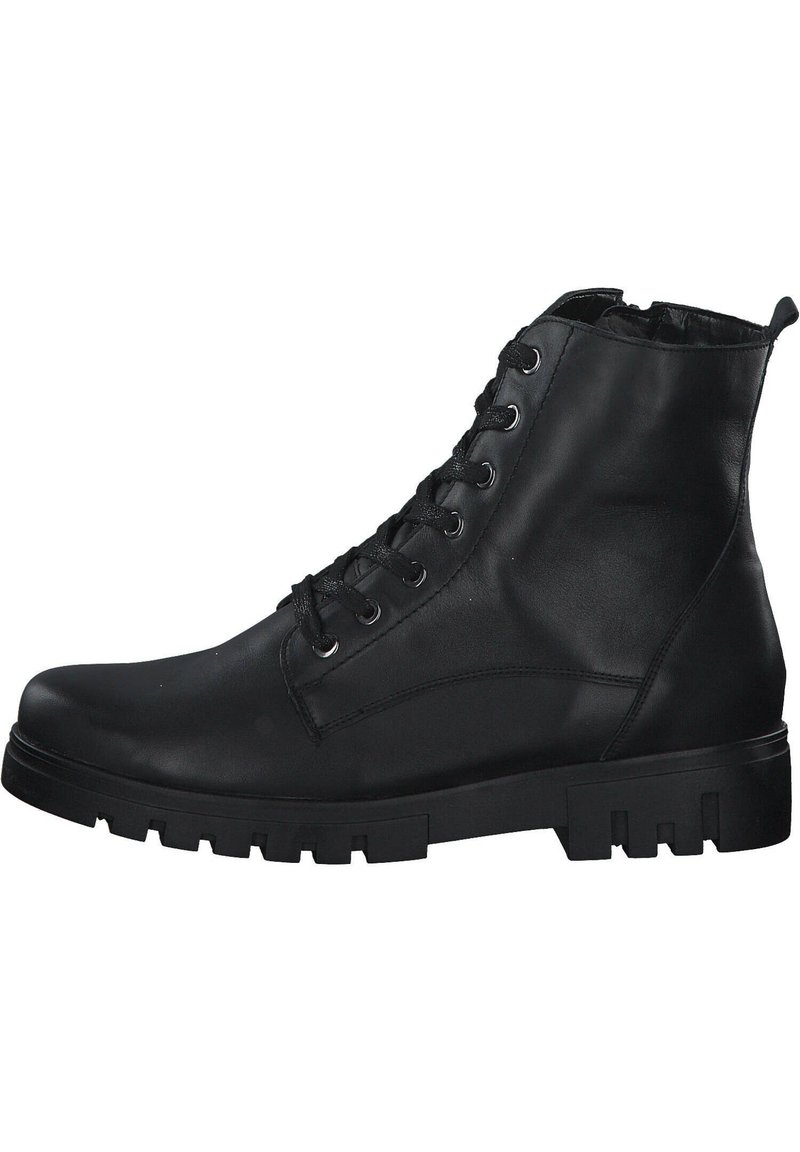 Bottines en cuir noir avec un bout arrondi, un devant à lacets et une semelle texturée comportant de profondes rainures pour une meilleure adhérence.