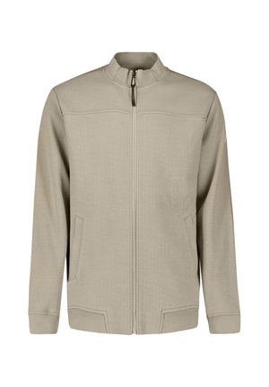 Beige jas met volledige ritssluiting, opstaande kraag, twee voorzakken, lange mouwen en geribbelde boorden en zoom.