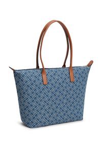Μπλε τσάντα ώμου με λευκό γεωμετρικό σχέδιο και καφέ δερμάτινες λαβές, όρθια με το φερμουάρ μερικώς ανοιχτό.