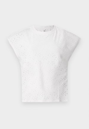 Bijela majica kratkih rukava s teksturiranim očnim uzorkom, struktuiranim ramenima i okruglim izrezom. Lagana tkanina.