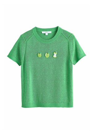 Green short-sleeve knit top with ribbed collar and cuffs, featuring three embroidered green apple designs across the chest.