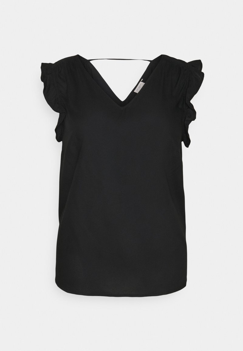 Blouse noire sans manches avec épaules à volants et encolure en V, présentée sur un fond clair.