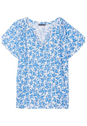 Kurzärmlige Bluse in Blau und Weiß mit geometrischem Muster, V-Ausschnitt und Raffung an den Schultern. Leichter Stoff.