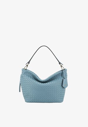 Light blue woven leather handbag with a single black shoulder strap and a small attached tag on a white background.