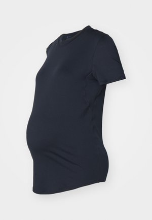 Schwarzes Umstands-T-Shirt mit kurzen Ärmeln, enger Passform und rundem Ausschnitt, auf einfarbigem Hintergrund dargestellt.