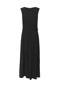 Mouwloze zwarte maxi-jurk met een ronde halslijn, een aansluitende taille met riem en een ritsluiting aan de achterkant.