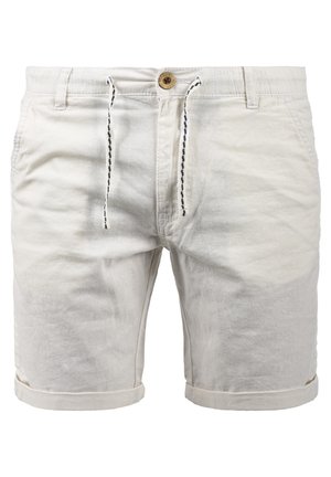 Hellbeige Leinen-Shorts mit Knopfverschluss und Kordelzug. Mit Seitentaschen und umgeschlagenen Säumen. Glatte Textur, lässiges Design.