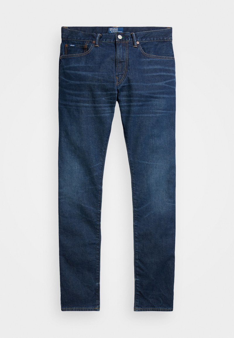 Donkerblauwe denim jeans met een recht model, vijf zakken en subtiele wassing aan de voorkant. Bevat een rits en riemlussen.