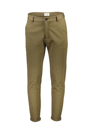 Pantaloni verdi a sigaretta realizzati in morbido tessuto; presentano una chiusura frontale con bottoni, passanti per cintura e orli arrotolati per un look casual.