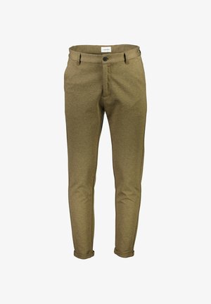 Grüne, schmal zulaufende Hose aus weichem Stoff; verfügt über eine geknöpfte Vorderseite, Gürtelschlaufen und hochgerollte Säume für einen lässigen Look.