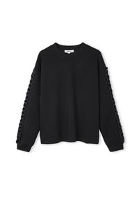 Sweat-shirt noir à manches longues avec des détails tressés sur le côté. Fabriqué en tissu doux et texturé, avec une coupe décontractée.