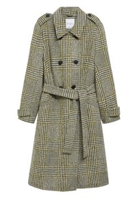 Trench-coat croisé ceinturé avec motif pied-de-poule vert et beige, pattes d'épaule boutonnées et brides aux poignets.