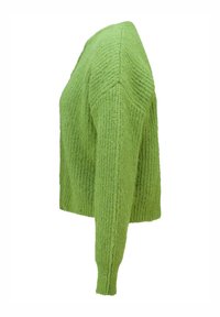 Green knitted sweater with a textured finish, featuring a relaxed fit, long sleeves, and a rounded neckline. Side view displayed.